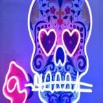 Güllü Kuru Kafa Neon Led Işıklı Tablo